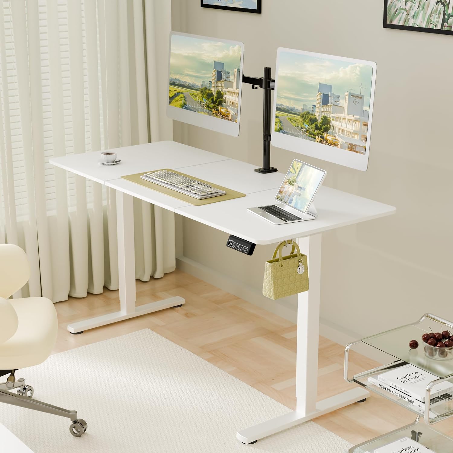 Standing Desk, Height Adjustable Sit-Stand Office, White | Electric Adjustable Standing Desk, Sit to Stand Computer Office Desk with Splice Board, Memory Preset, Lifts