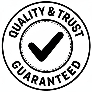 A white circular stamp-style graphic with dashed outlines and the words 'QUALITY & TRUST GUARANTEED' surrounding a check mark, shown on a black background.